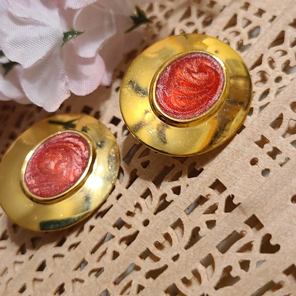 80's Style Gold & Red Clip on earrings vintage earrings for sale
